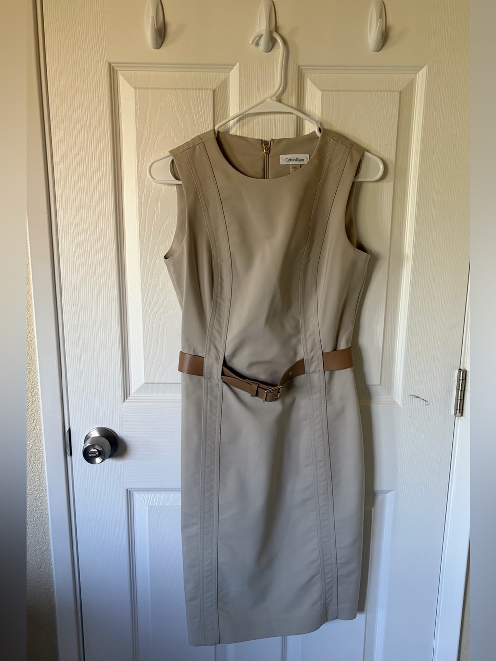 Calvin Klein Tan Sheath Dress with Brown Belt